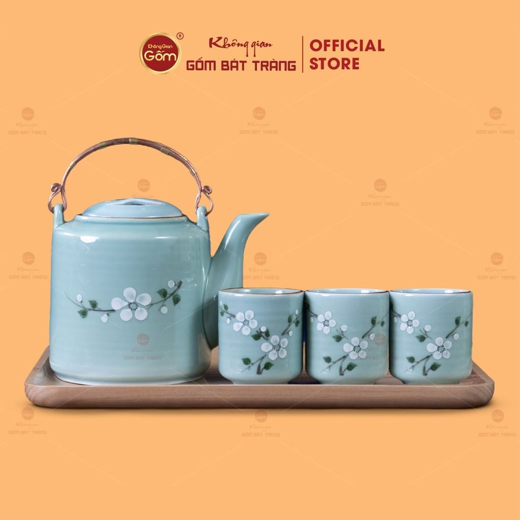 Bộ Ấm Tích Men Xanh Hoa Đào Trắng