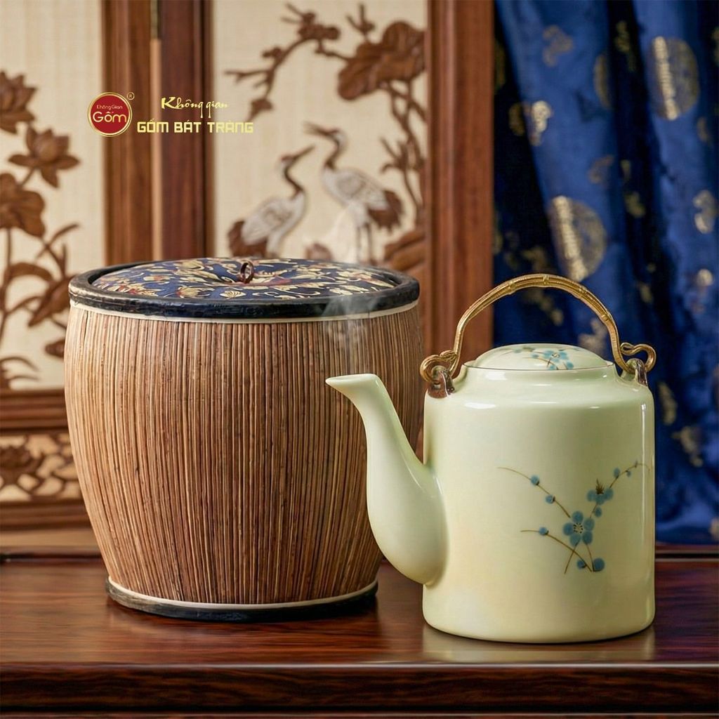 Ấm Tích Bát Tràng Vẽ Hoa Đào Xanh