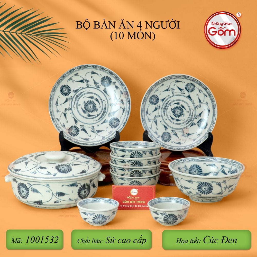 Bộ Bát Đĩa Bát Tràng Men Rạn Vẽ Cúc Đen