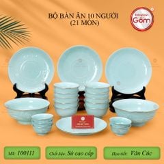 Bộ Bát Đĩa Men Xanh Ngọc Hoa Cúc Kẻ Vàng