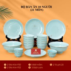 Bộ Bát Đĩa Men Xanh Ngọc Hoa Cúc Kẻ Vàng