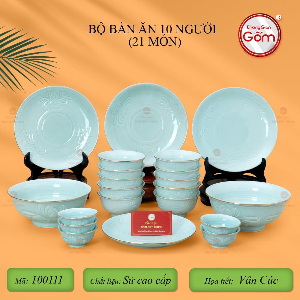 Bộ Bàn Ăn 10 Người (21 Món) Men Ngọc Vân Hoa Cúc Kẻ Vàng