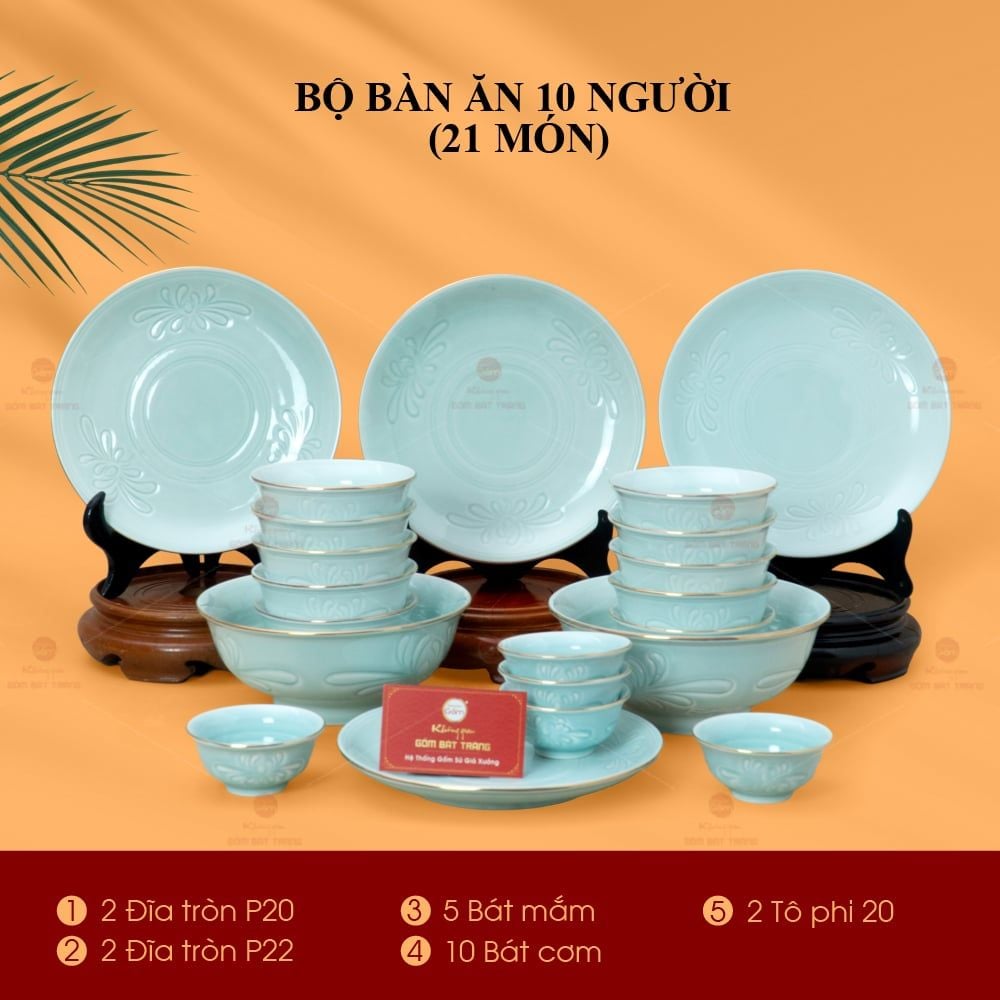 Bộ Bàn Ăn 10 Người (21 Món) Men Ngọc Vân Hoa Cúc Kẻ Vàng