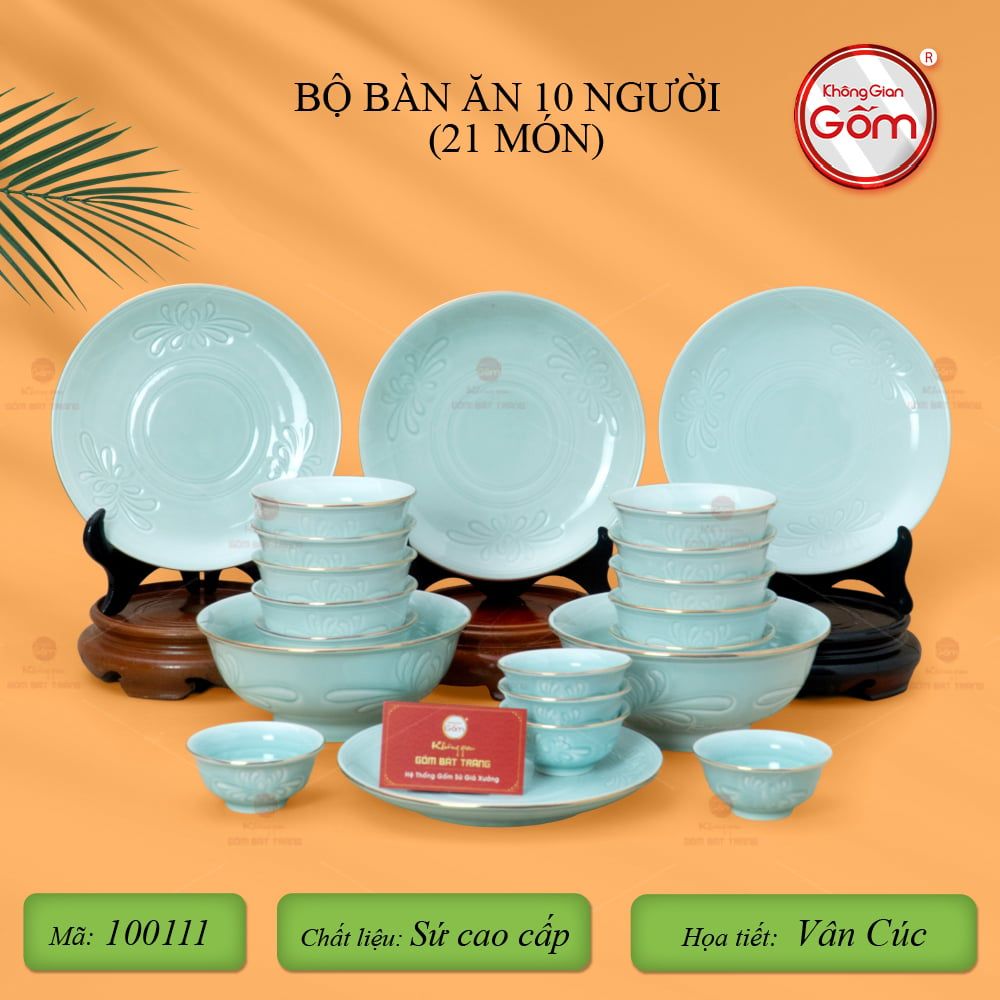 Bộ Bàn Ăn 10 Người (21 Món) Men Ngọc Vân Hoa Cúc Kẻ Vàng
