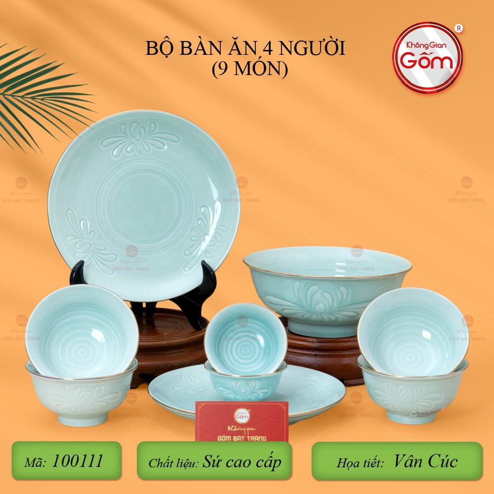 Bộ Bàn Ăn 4 Người (9 Món) Men Ngọc Vân Hoa Cúc Kẻ Vàng