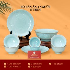 Bộ Bàn Ăn 4 Người (9 Món) Men Ngọc Vân Hoa Cúc Kẻ Vàng