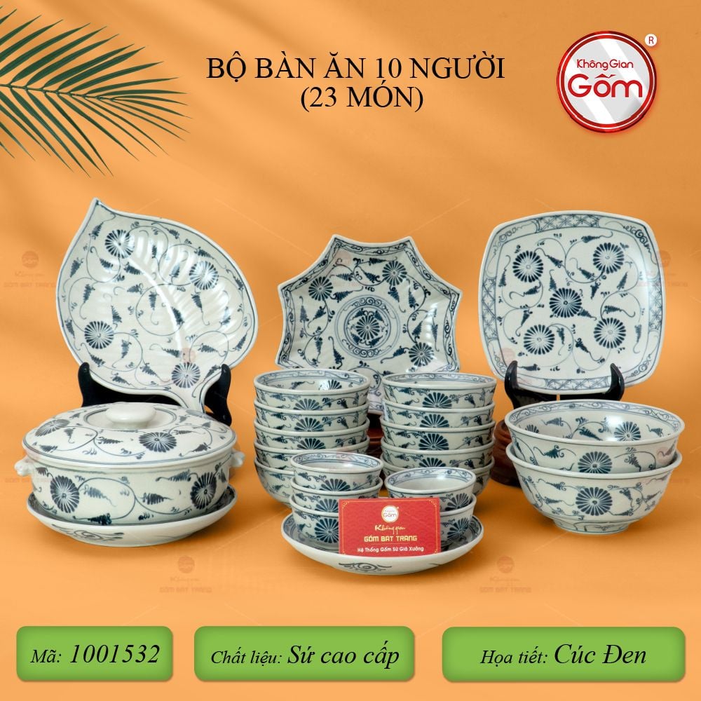 Bộ Bát Đĩa Bát Tràng Men Rạn Vẽ Cúc Đen