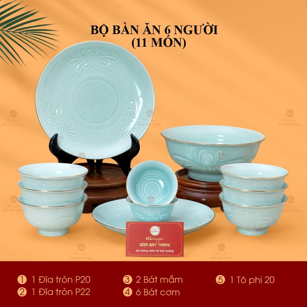 Bộ Bàn Ăn 6 Người (11 Món) Men Ngọc Vân Hoa Cúc Kẻ Vàng