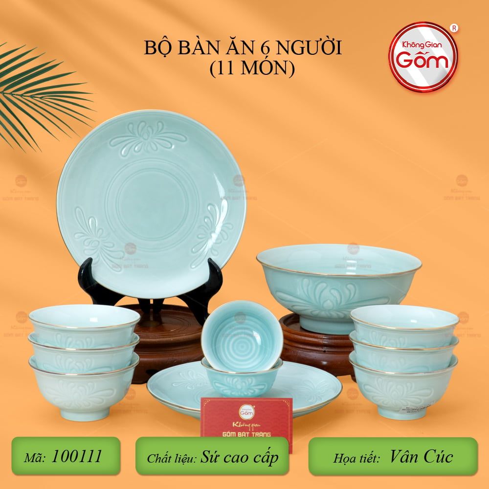 Bộ Bàn Ăn 6 Người (11 Món) Men Ngọc Vân Hoa Cúc Kẻ Vàng