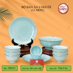 Bộ Bàn Ăn 6 Người (11 Món) Men Ngọc Vân Hoa Cúc Kẻ Vàng