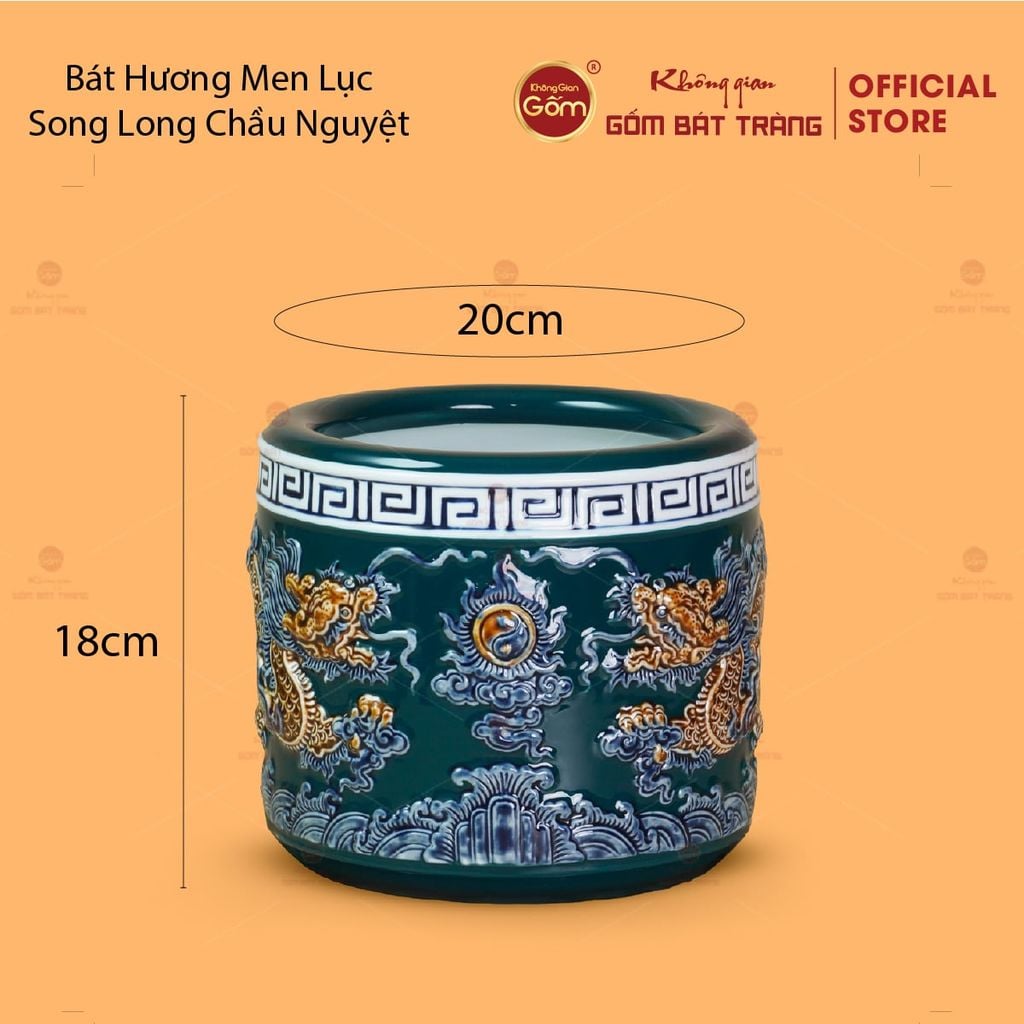 Bát Hương Men Lục Họa Tiết Song Long Chầu Nguyệt