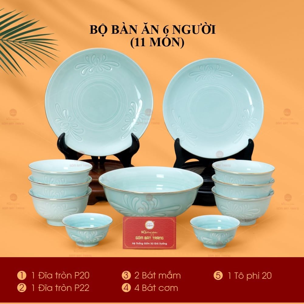 Bộ Bàn Ăn 6 Người (11 Món) Men Ngọc Vân Hoa Cúc Kẻ Vàng