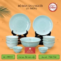 Bộ Bàn Ăn 6 Người (11 Món) Men Ngọc Vân Hoa Cúc Kẻ Vàng