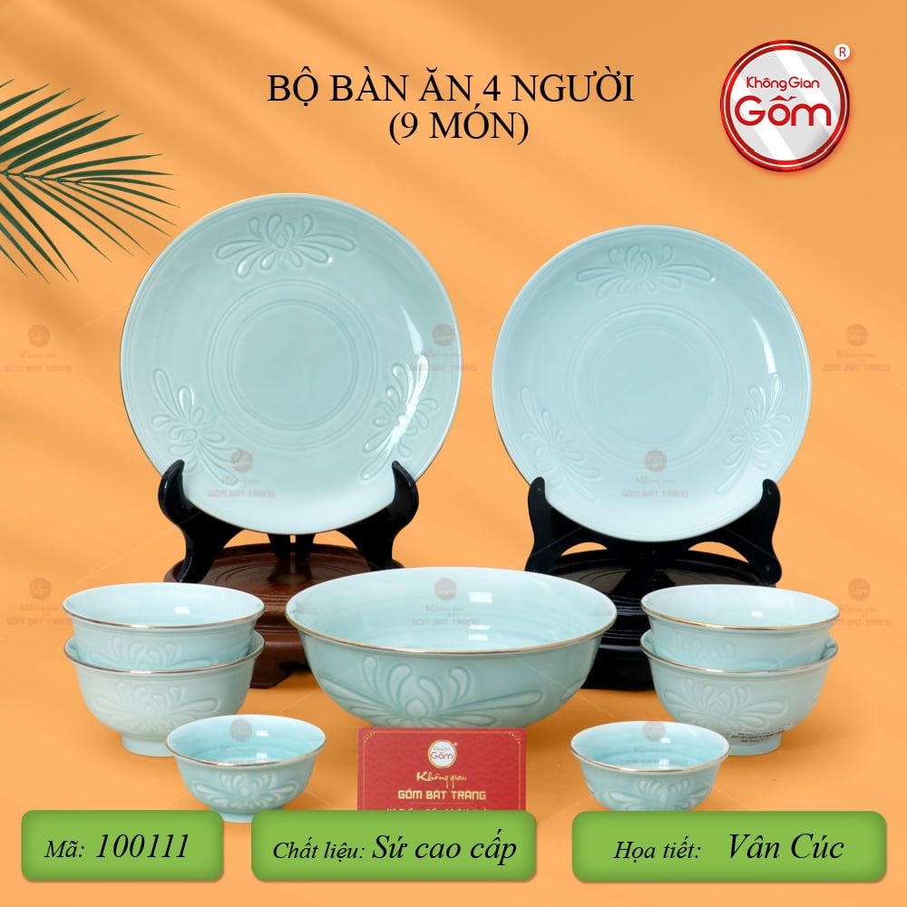 Bộ Bát Đĩa Men Xanh Ngọc Hoa Cúc Kẻ Vàng