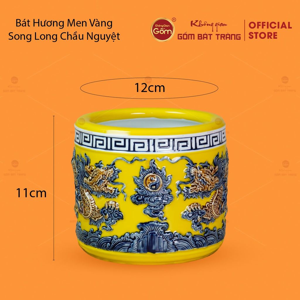 Bát Hương Men Vàng Họa Tiết Song Long Chầu Nguyệt