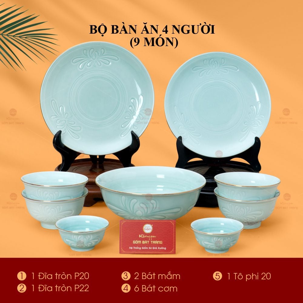 Bộ Bát Đĩa Men Xanh Ngọc Hoa Cúc Kẻ Vàng