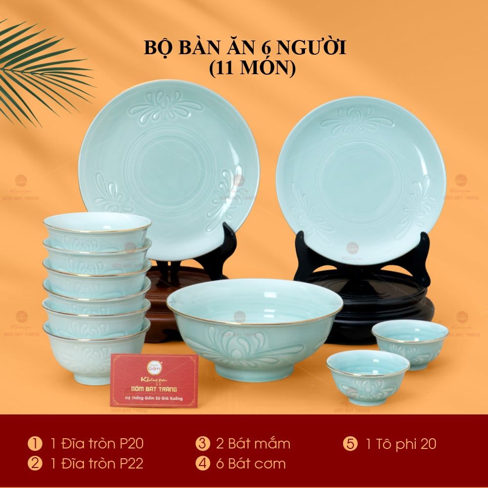 Bộ Bàn Ăn 6 Người (11 Món) Men Ngọc Vân Hoa Cúc Kẻ Vàng