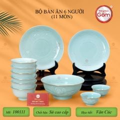 Bộ Bát Đĩa Men Xanh Ngọc Hoa Cúc Kẻ Vàng