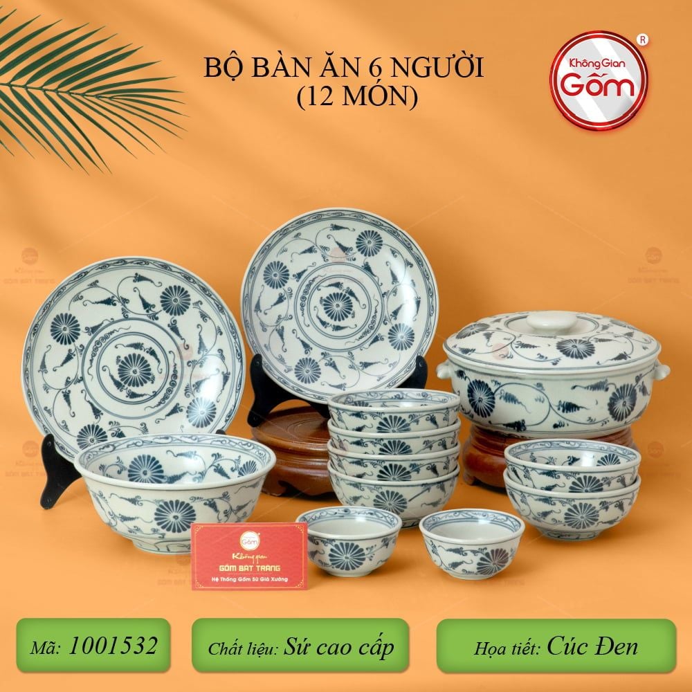 Bộ Bát Đĩa Bát Tràng Men Rạn Vẽ Cúc Đen