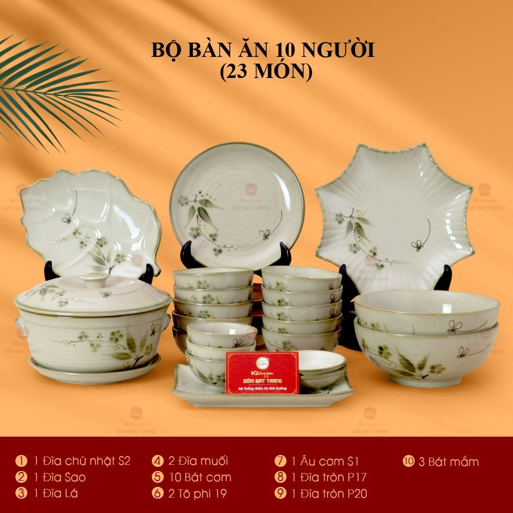 Bộ Bàn Ăn 10 Người (23 món) Men Kem Đào Chuồn
