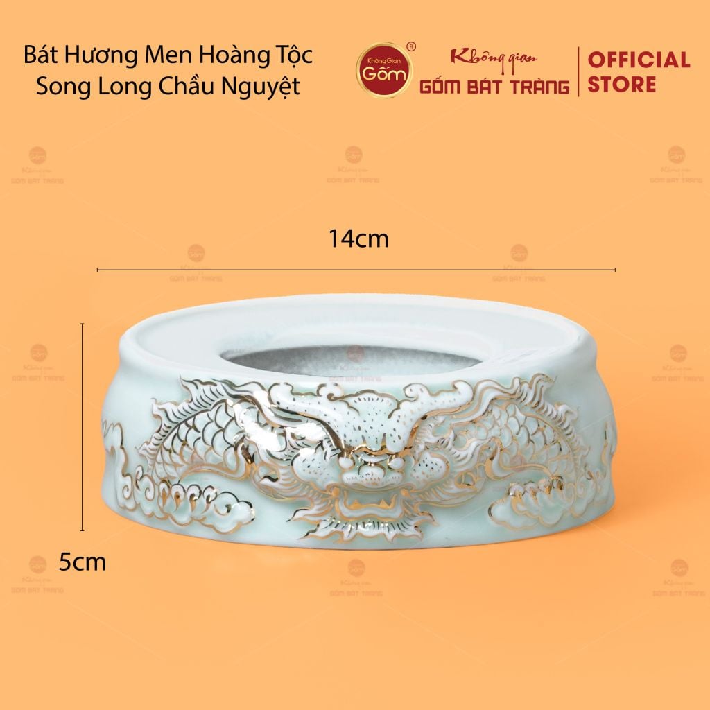 Đế Bát Hương Men Ngọc Hoàng Tộc Vẽ Vàng Song Long Chầu Nguyệt