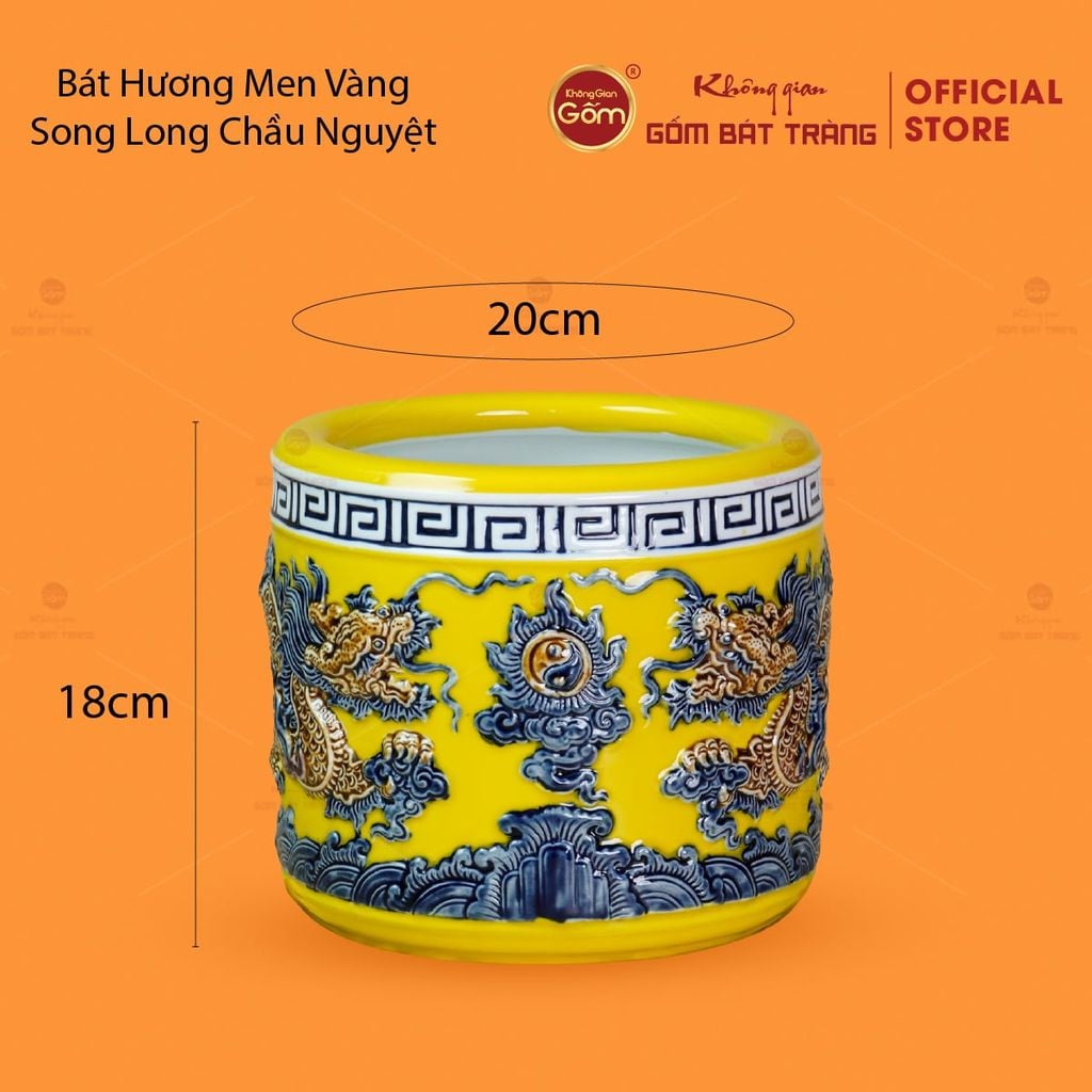 Bát Hương Men Vàng Họa Tiết Song Long Chầu Nguyệt