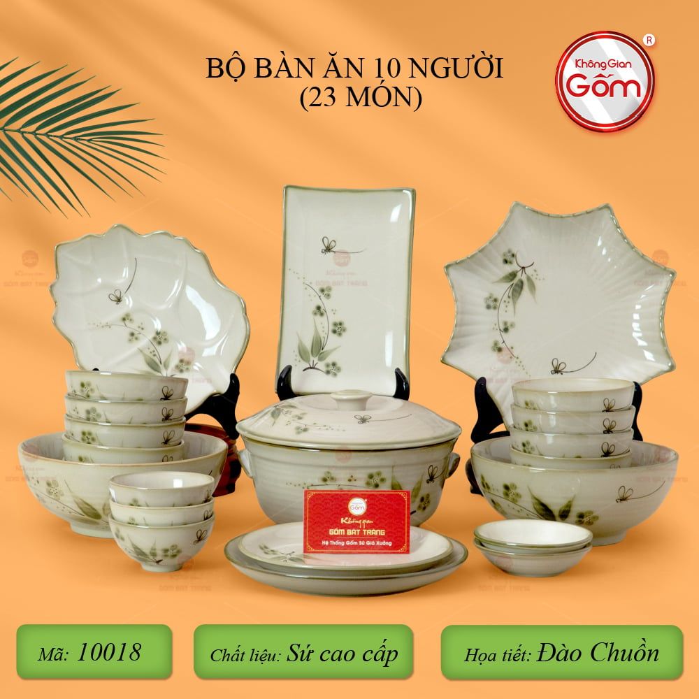 Bộ Bát Đĩa Bát Tràng Men Kem Đào Chuồn