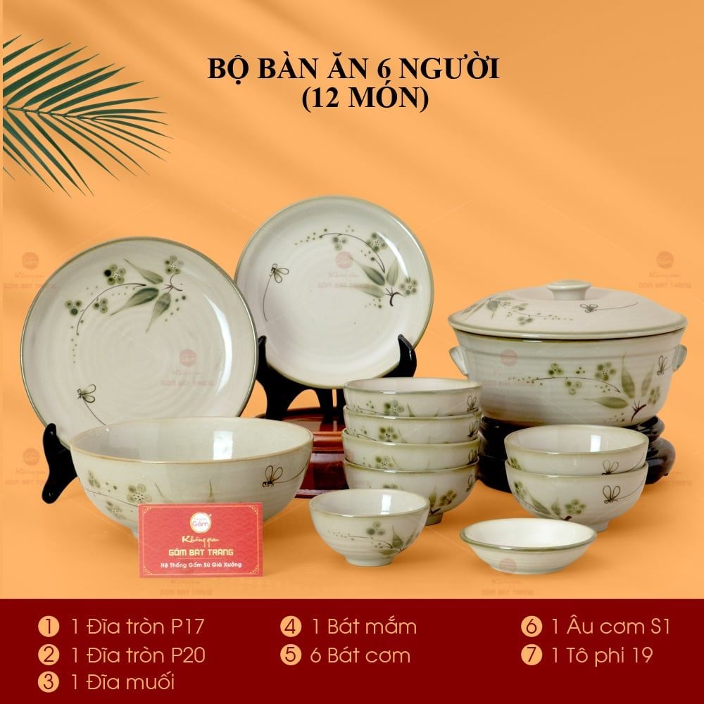 Bộ Bàn Ăn 6 Người (12 món) Men Kem Đào Chuồn