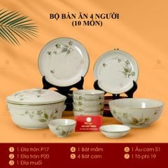 Bộ Bát Đĩa Bát Tràng Men Kem Đào Chuồn