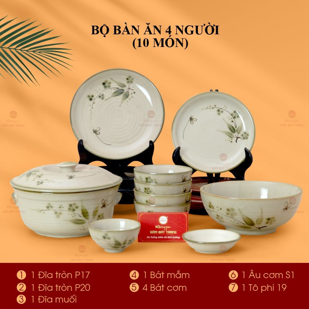 Bộ Bàn Ăn 4 Người (10 món) Men Kem Đào Chuồn