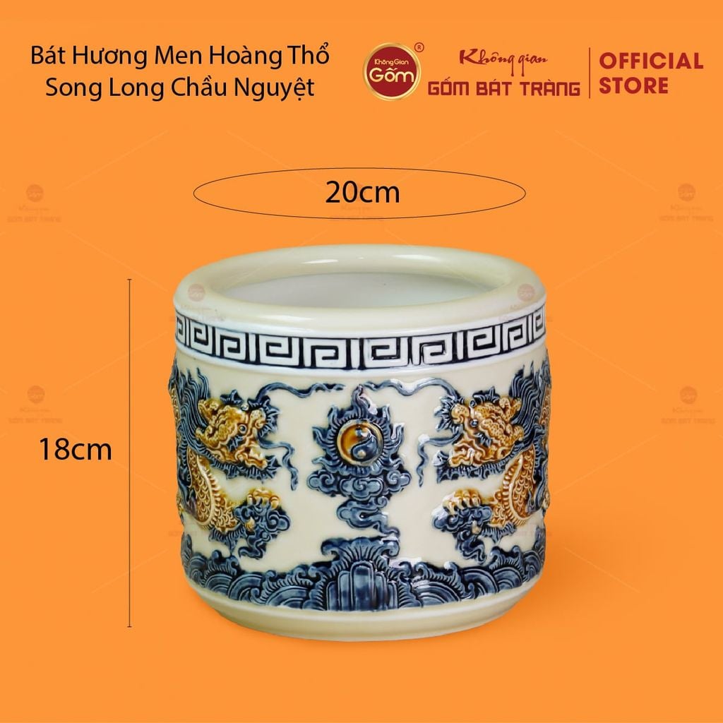 Bát Hương Men Hoàng Thổ Họa Tiết Song Long Chầu Nguyệt