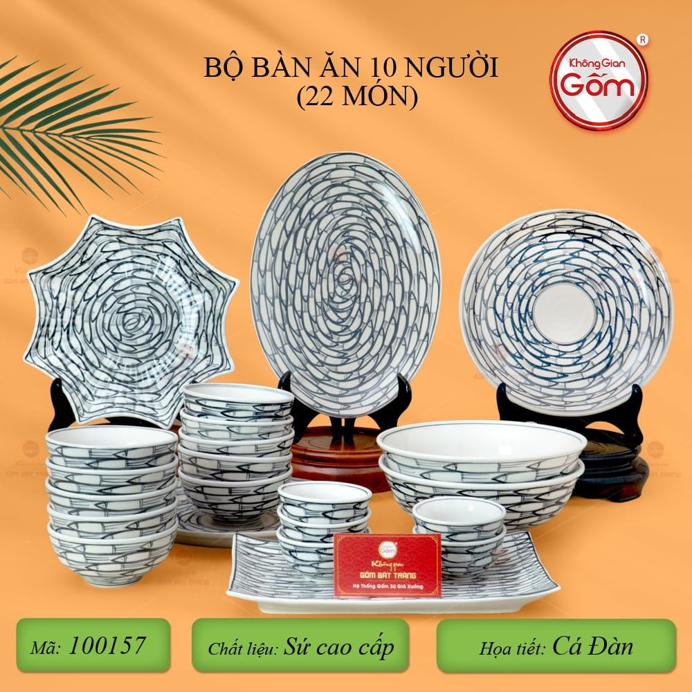 Bộ Bàn Ăn 10 Người (22 món) Men Trắng Vẽ Cá Đàn