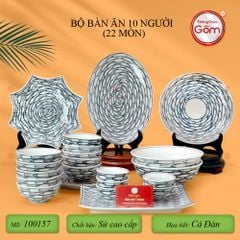 Bộ Bàn Ăn 10 Người (22 món) Men Trắng Vẽ Cá Đàn