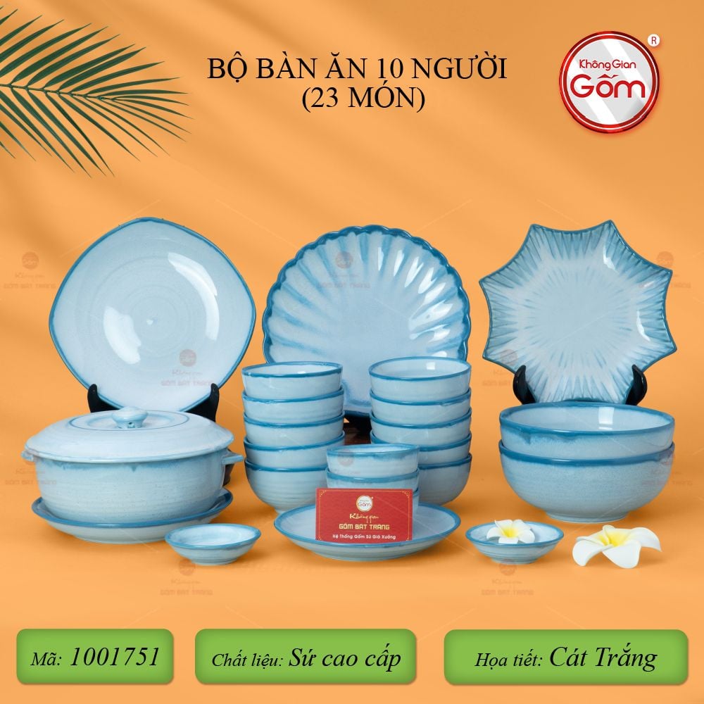 Bộ Bát Đĩa Bát Tràng Men Biển Xanh Cát Trắng