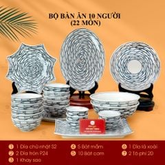 Bộ Bàn Ăn 10 Người (22 món) Men Trắng Vẽ Cá Đàn