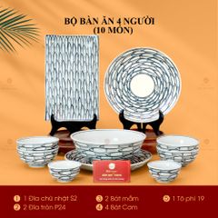 Bộ Bàn Ăn 4 Người (10 món) Men Trắng Vẽ Cá Đàn