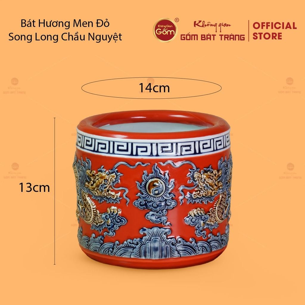Bát Hương Men Đỏ Họa Tiết Song Long Chầu Nguyệt