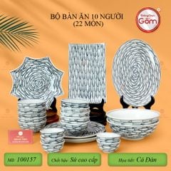 Bộ Bàn Ăn 10 Người (22 món) Men Trắng Vẽ Cá Đàn