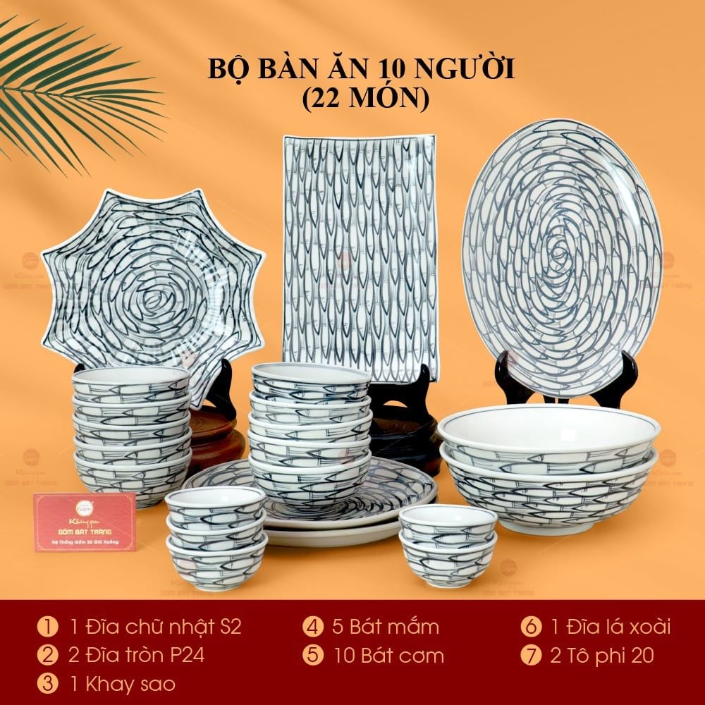 Bộ Bàn Ăn 10 Người (22 món) Men Trắng Vẽ Cá Đàn