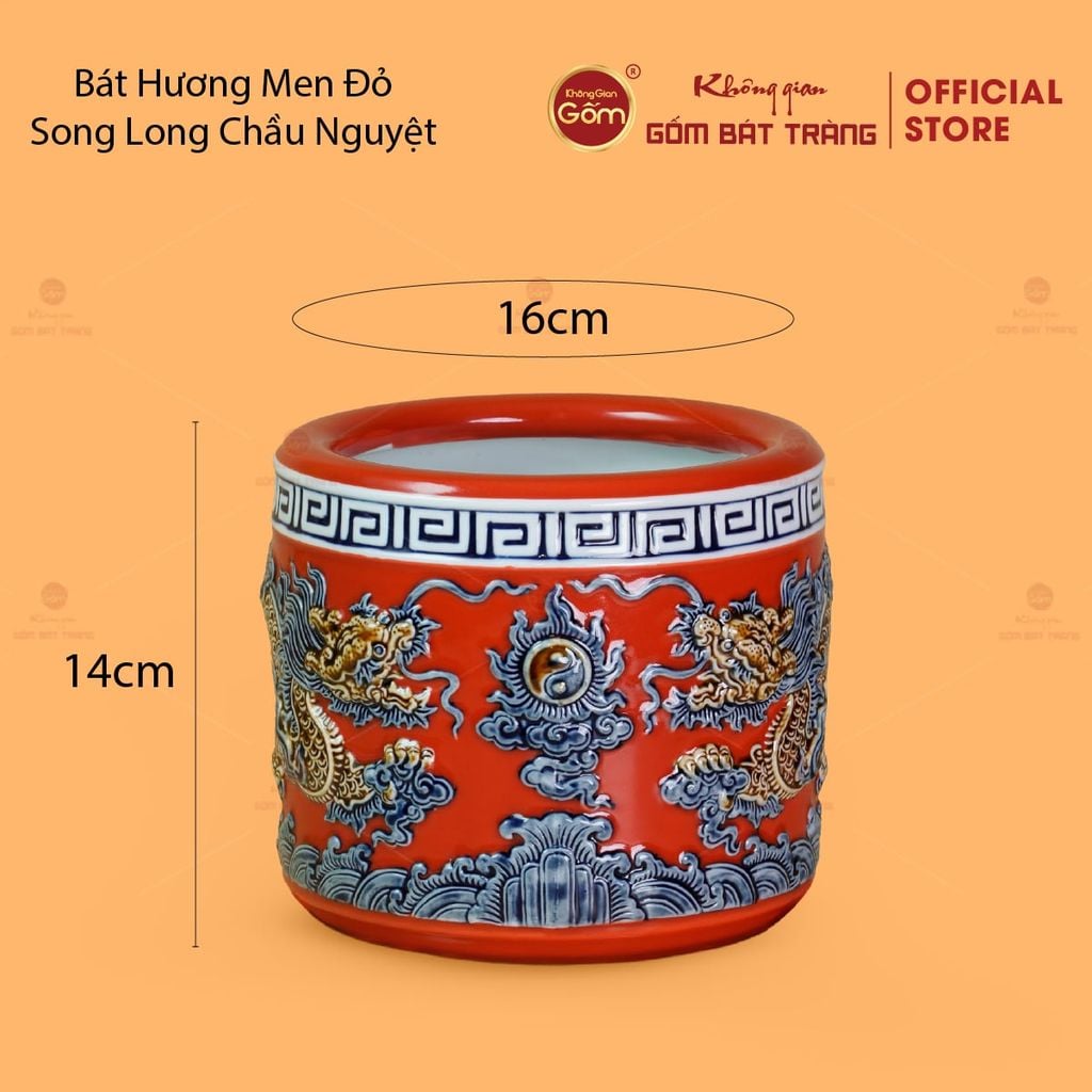 Bát Hương Men Đỏ Họa Tiết Song Long Chầu Nguyệt