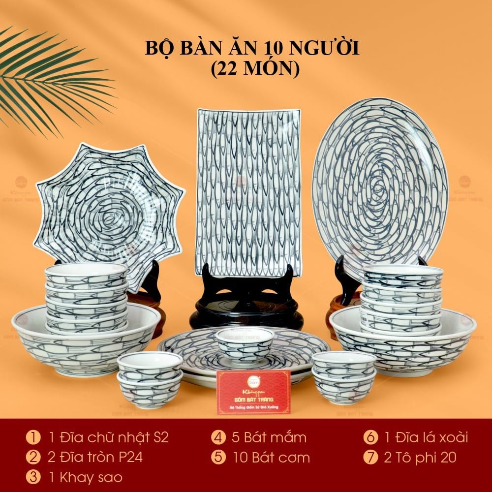 Bộ Bàn Ăn 10 Người (22 món) Men Trắng Vẽ Cá Đàn