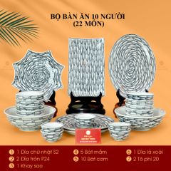 Bộ Bát Đĩa Bát Tràng Men Trắng Vẽ Cá Đàn