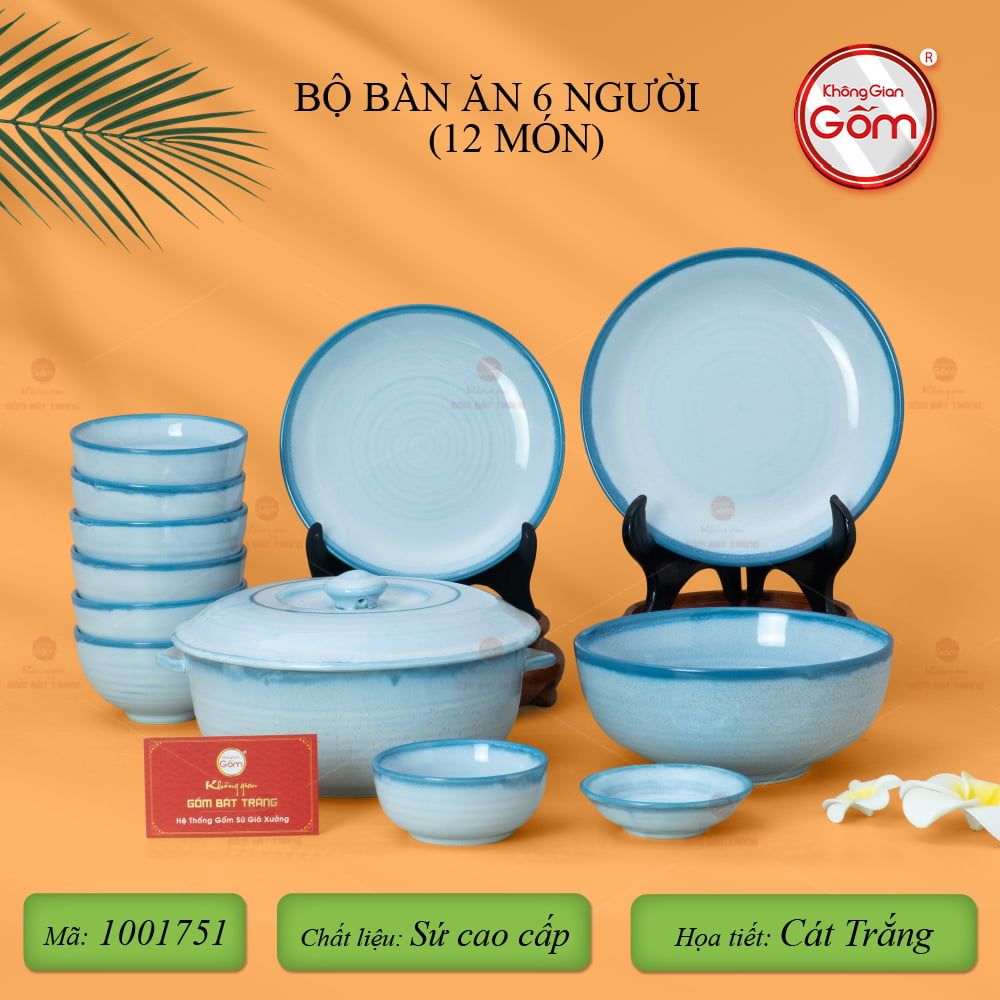 Bộ Bát Đĩa Bát Tràng Men Biển Xanh Cát Trắng