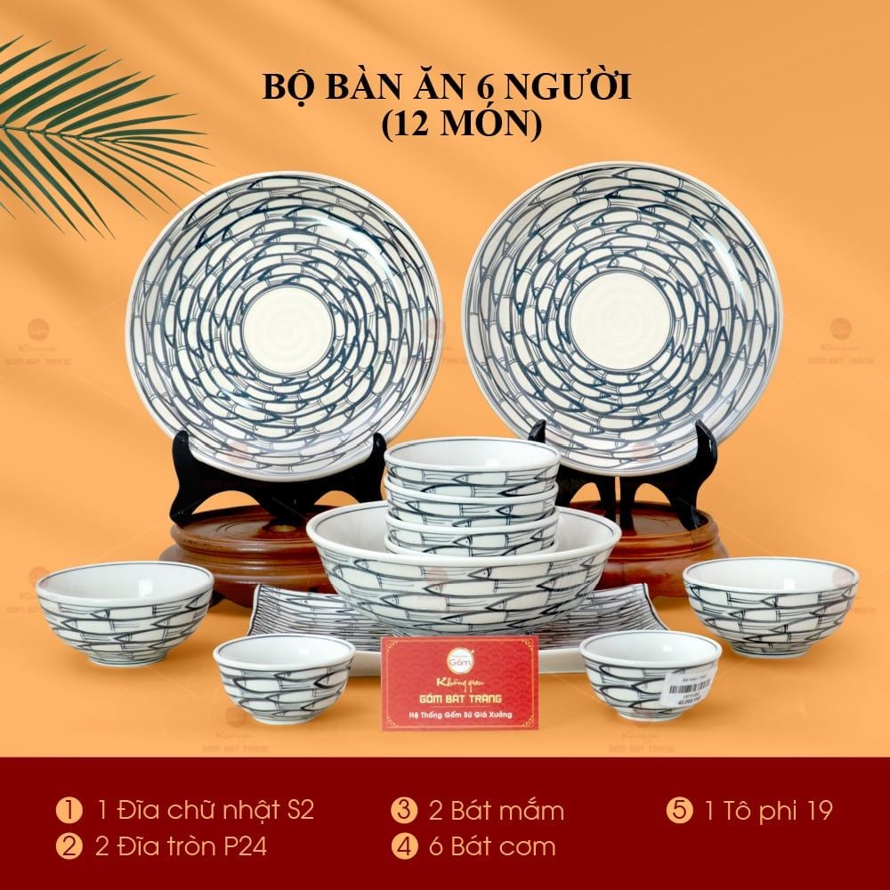 Bộ Bát Đĩa Bát Tràng Men Trắng Vẽ Cá Đàn