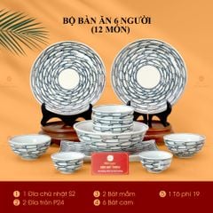Bộ Bát Đĩa Bát Tràng Men Trắng Vẽ Cá Đàn