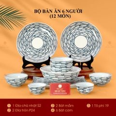 Bộ Bàn Ăn 6 Người (12 món) Men Trắng Vẽ Cá Đàn