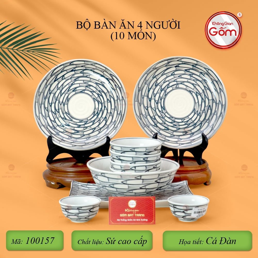 Bộ Bàn Ăn 4 Người (10 món) Men Trắng Vẽ Cá Đàn