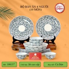 Bộ Bàn Ăn 4 Người (10 món) Men Trắng Vẽ Cá Đàn