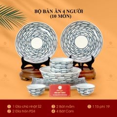Bộ Bàn Ăn 4 Người (10 món) Men Trắng Vẽ Cá Đàn