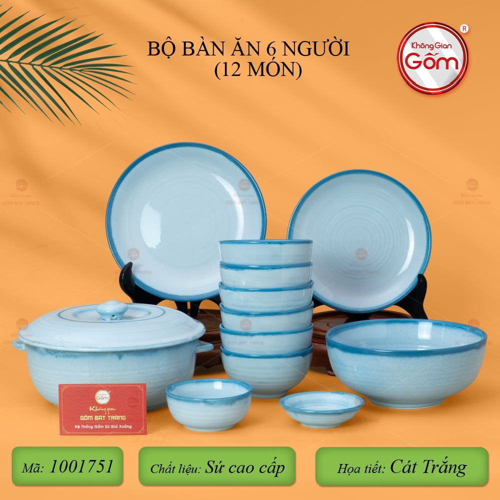 Bộ Bàn Ăn 6 Người (12 món) Men Biển Xanh Cát Trắng